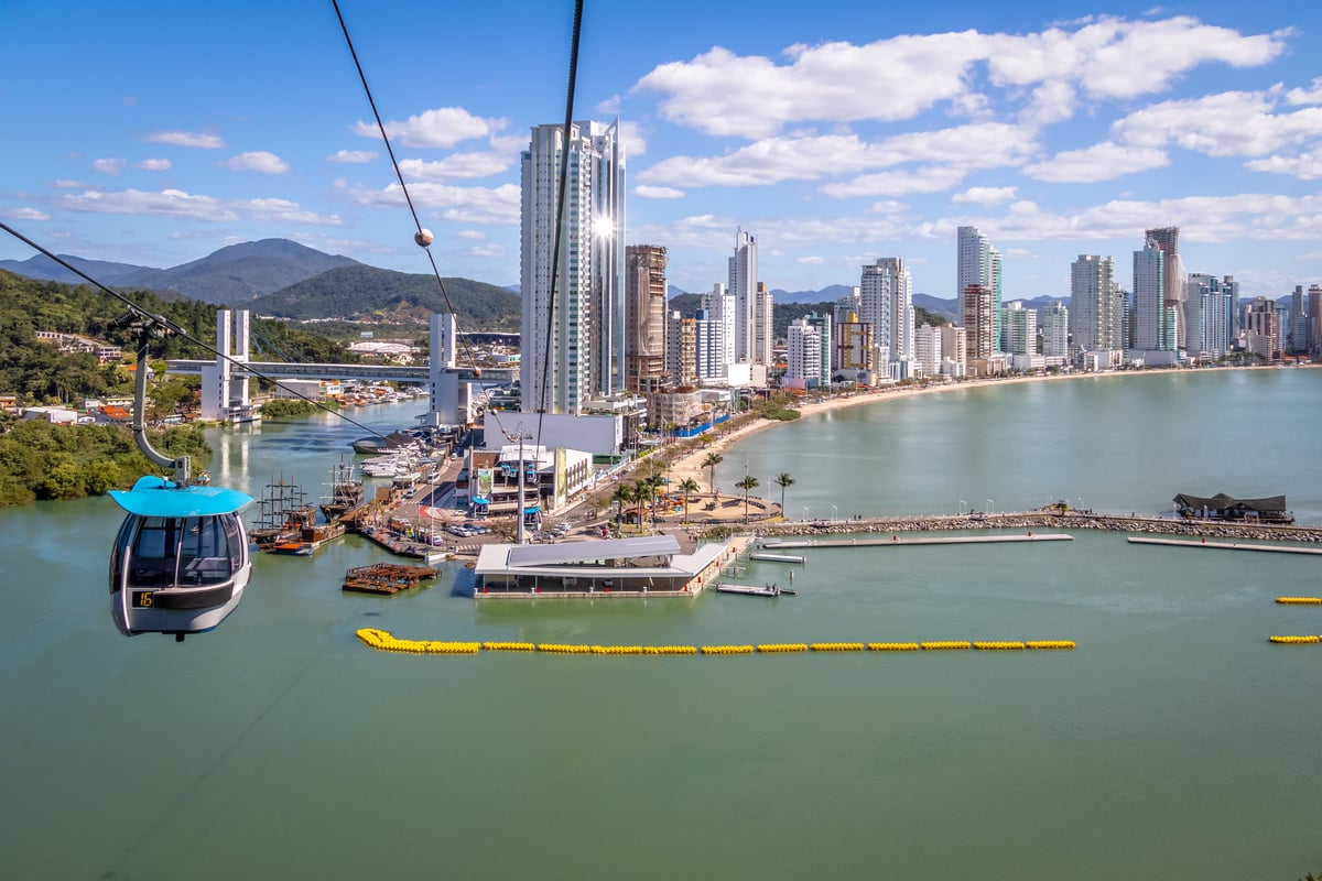 Aerial view of Balneario Camboriu city and Cable cars - Balneario Camboriu, Santa Catarina, Brazil